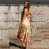 Sexy backless summer dress women beach vacation split midi casual yellow slit ombre elegant party 210427