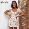 Foridol Floral Print Boho Summer Dress Women Puff Sleeve Vintage Beach Short Dress Button Up Ruched Cute Dress 210415