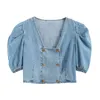 Женщины Случайный рукав Короткая рубашка Блузка Летние Голубая Джинсовая Двухбордовая Обрезанная V Шея B0628 210514