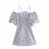 Élégant imprimé floral sans épaule femmes mini robe été décontracté slash cou spaghetti sangle demi manches robes chics 210521