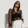 Mesh Women Tulle Blouse Shirt Polka Dot Female Black Tops Button Puff Sleeve Vintage Top Sexy Sheer 210427