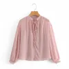 Autumn Fashion Button Up Chiffon Shirt Vintage Blouse Women Pink And Golden Silk Thread Lady Long Sleeves Female Loose Shirt 210520