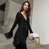 Sexy Black See Through Shirt For Women V Neck Flare Sleeve High Waist Slim Blouse Female Fashion Clothes Fall 210524