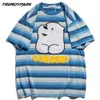 Men Streetwear Striped T-Shirt Embroidery Flocking Bear Print T Shirt Harajuku Cotton Summer Short Sleeve Tshirt Casual Top 210601