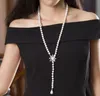 Luxury Simulated White Pearl Long Necklace Snowflake Shape Cubic zirconia Sweater Coat Chain Women Jewelry For Wedding Party