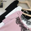 Neploe T-shirt in seta di ghiaccio con fiocco in rilievo e maniche corte in seta estiva con cuciture in pizzo e maniche a sbuffo in maglia elasticizzata per donna Top slim 210422