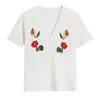 Women Single Breasted Floral Embroidery Knitted Blouse Summer Elegant Fashion V Neck Shirt All-match Chic Short Sleeve Tops 210430