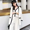 Moda Tasarımcısı Kore Zarif Örme 3 Parça Setleri Suits Kadın Yelek + Hırka Geniş Bacak Pantolon Vintage Office 210513