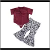 Sets Baby, & Maternity Baby Girl Clothing Set Red Rib Knitted Short Sleeve Top + Leopard Flared Bell Bottom Pants 6M-5Y Kids Children Outfit