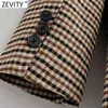 Kvinnor Vintage Notched Collar Plaid Print Fitting Blazer Coat Office Ladies Single Breasted Pocket Chic Outwear Toppar CT676 210416