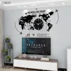 Grote maat Zwarte wereldkaart muur acryl creatieve woonkamer lichtgevende Europese stijl woondecoratie klok 210414