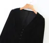 Frans zwart fluwelen shirt retro vrouw v-hals slanke taille single-breasted lange mouw blouse velour tops blousa's 210429