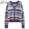 H.SA femmes Cardigans col en V bouton Up arc-en-ciel mince tricots décontractés coloré rayé printemps Vintage tricot hauts pull 210417
