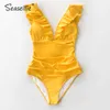 Seaslfie Solid Yellow V-Neck Duffled Costume da bagno Donne Monokini Costumi da bagno Swimwear Sexy Lace Up Spiaggia Costume da bagno Beachwear 210702