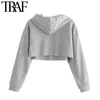 Traf Women Fashion Two Pieces Set Croped Hoodies Sweatshirts Vintage Long Sleeve Asymmetric Female Pullovers Chic Top 210415