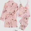 Satin Silk Pijamas Set Crane Print Kvinnor Nattdrelingerie Robes Underkläder Sleepwear Sexig Loungewear Robe Pizama Damska X0526