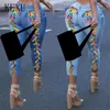 Jeans da donna Colore arcobaleno Incrociato con lacci Fodero con foro elastico a vita alta Pantaloni lunghi in denim a matita Pantaloni da strada da donna