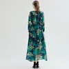 Bahar Yaz Yeşil Çiçek Yaprak Baskılı Yüksek Bel Şifon V Yaka Maxi Elbise Kadınlar Için Rahat Boho Ropa Femme Robe Hiver 210421