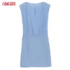 Tangada kobiety niebieski plisowany ołówek suknia bez rękawów letnia moda dama sukienki szata qj21 210609