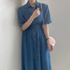 Korea Chic Fashion Casual Lapel Single Breasted High Waist Short Washed Sleeve Blue Denim Dress Women Summer 16W1395 210510