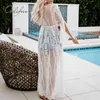Vestido de playa de túnica transparente sexy de encaje blanco de rebeca larga de verano para mujer 210415