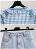 한국어 여름 2 조각 세트 패션 격자 무늬 주름 자수 티셔츠 V 넥 셔츠 탑 + 높은 허리 데님 미니 스커트 정장 210518