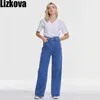 Lizkova printemps bleu Jean taille haute surlongueur Denim Mujer pantalons mode jambe large Style coréen pantalon 210809