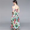 Moda Pist Yaz Elbise kadın Yay Spagetti Kayışı Backless Porselen Çiçek Baskı Uzun 210603