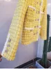 Vintage Tüvit Sarı Ceket Kaban Sonbahar Kış Kadın Zarif Elmaslar Kruvaze Uzun Kollu Ekose Yün Cep Palto 210416