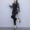 L-5xl Autumn Black Two Piece Sets Outfits Women Plus Size Flare Sleeve Tops And Pants Suits Office Korean Elegant 210513