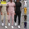 Fashion Solid Men's Sets Turn-down Collar Rits Tops en Trekkoord Broek Outfit Casual Pakken 2 Stuk Set G1222