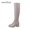 Sophitina runda tå stövlar mode solid högkvalitativ äkta läder fyrkantig häl Bekväma skor Kvinnors stövlar PC203 210513