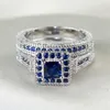 Wedding Rings Luxury Big Blue Stone Crystal For Women Sliver Color Engagement Jewelry 2Pcs/Set