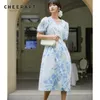 Галстук-краска длинные туники платье женские летние пуховые рукавы корейские синие V шеи дамы MIDI одежда 210427