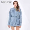 Niebieskie płaszcze Kobiet Lapel Z Długim Rękawem Denim Patchwork Wysoka Talia Hollow Out Backless Kurtki Kobiety Moda 210524