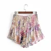 Mode Floral Imprimé Chic Smocké Femmes Shorts Été Taille Haute Avec Cordon Casual Large Jambe Rétro Shorts 210521