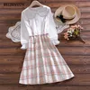 Japanese Preppy Style Spring Women Dress Gray Pink Plaid Rabbit Embroidery School Uniform Elegant Cute Kawaii Girl's 210520