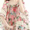 Women Boho Blouses Floral Print Ruffles Flare Sleeve Blusas Flower Shirts Lace Patchwork Loose Female Summer Chiffon Tops 210416
