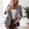 Foridol Houndstooth Tweed Stickad Blazer Jacka Kvinnor Höst Vinter Dubbel Breasted Office Ladies Vintage Fickor Jacka Coat 210415