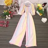 Color Gradient Color Bubble Sleeve Jumpsuit All-Dopasuj Jesienny styl Szerokie nogi Spodnie Temperament Waist Spodnie UK026 210507