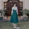 YOSIMI Prairie Chic Cotton Women Dress Spring Lace Embroidery O-neck Full Sleeve Mid-calf Fit and Flare Green Long Dresses 210604