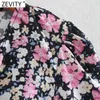 Women Vintage V Neck Floral Print Lace Up A Line Dress Femme Chic Puff Sleeve Party Vestido Casual Clothing DS4925 210416