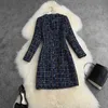 Modedesigner Marineblau Plaid Fliege Tweed Herbst Winter Frauen Langarm Diamanten Knopf Vintage Woolen Kurzes Kleid 210416