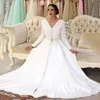 Anpassad marockansk kaftan långärmade aftonklänningar v hals svep tåg dubai saudi arabiska satin formella prom party klänningar
