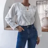 Höst Vinter Ruffles Lace Dubbelbröst Shirt Blus Långärmad Vit Skjorta Blus Toppar För Kvinnor Vintage Kläder Kvinnor 210514