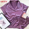 OOTN Dwa Kawałki Letnie Piżamy Dla Kobiet Zestawy Casual Solid Silk Piżamy Koszulki z krótkim rękawem + Spodenki Nighties Sleepwear 210809