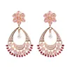 Trendy Boho Pink Crystal Flower Carved Indian Earring Brincos Womens Jewelry Retro Ladies Jhumka Dangle Earrings Orecchini