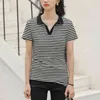 Sommar Kortärmad Polos Skjorta Kvinnor Koreansk Striped Sweatshirt Kvinna Tyngd Collar Casual Cotton T Shirts Tops Lady 210508