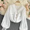 Spring Fashion Blouse Women's Lace V-neck Puff Sleeve Buttons Blusa Micro-transparent All-match Chiffon Shirt GK145 210506