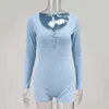 Colysmo Z Długim Rękawem Playsuit Women Front Button Ribbed Dorywczo Romper Jesień Krótki Kombinezon Loungewear Blue Streetwear 210527